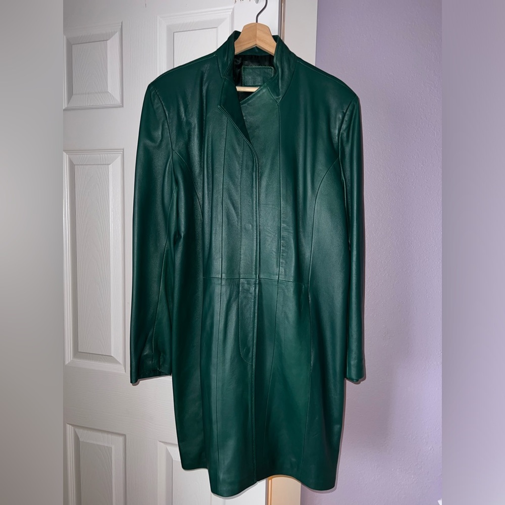 Green soft leather long jacket
